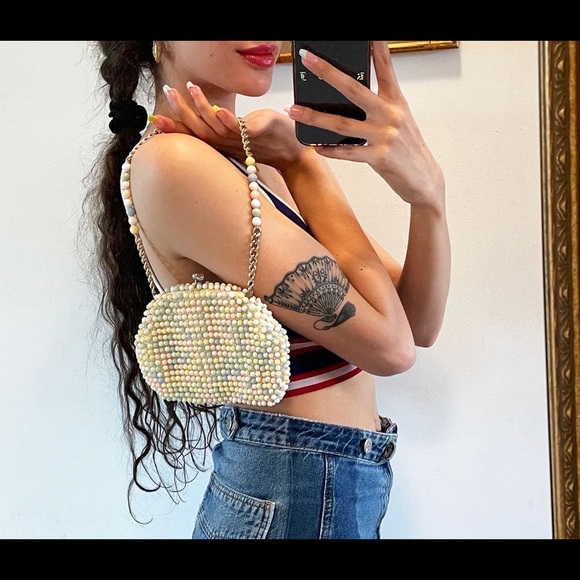 60s Vintage coin purse pastel beaded wristlet - Picture 2 of 5